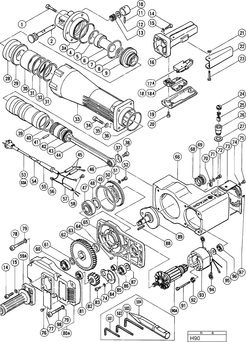 Page 1 Diagram and Parts List for H90  Hitachi Hammer Drill