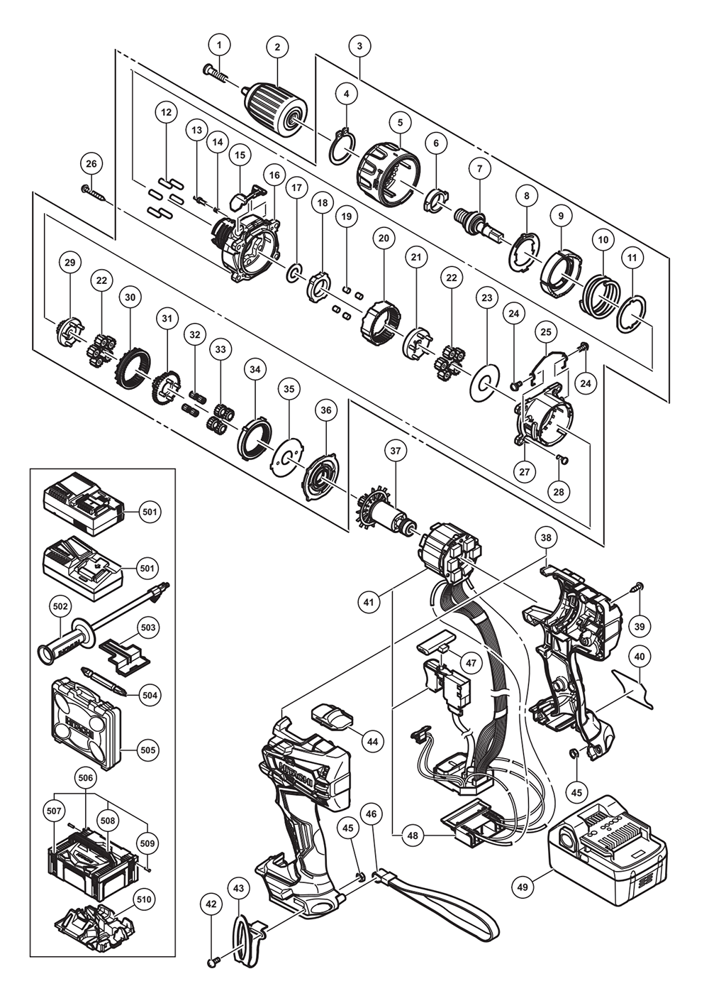 Page 1 Diagram and Parts List for DS18DBL2  Hitachi Drill Press