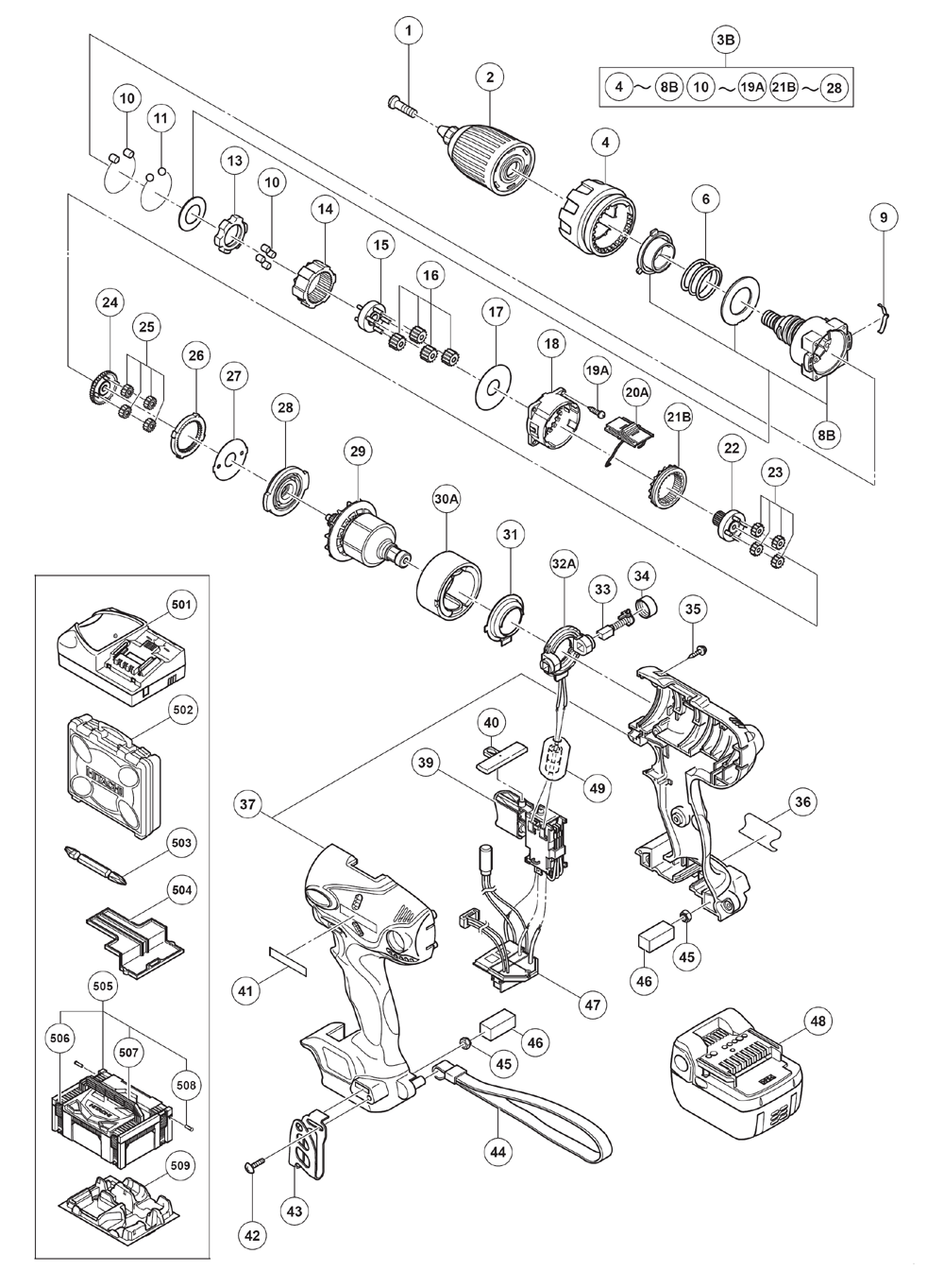 Page 1 Diagram and Parts List for DS14DSL  Hitachi Wrench