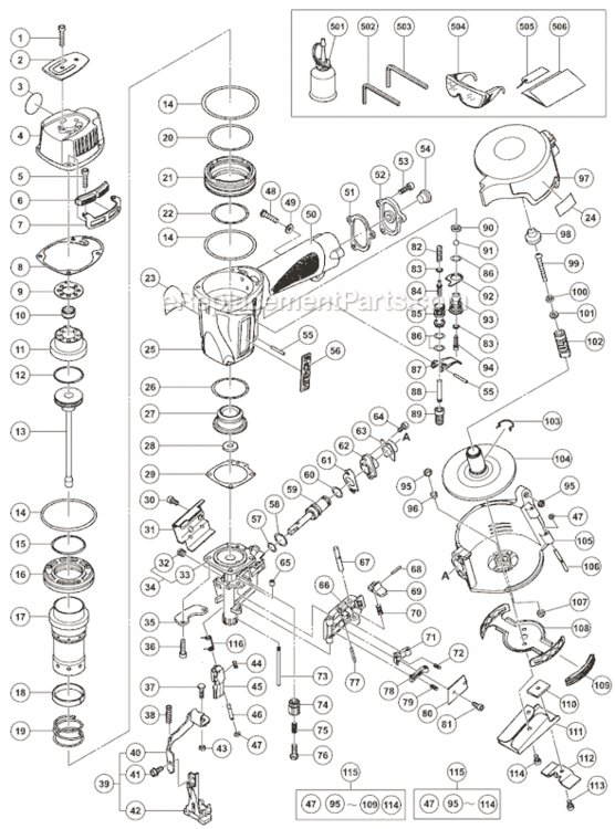 Page A Diagram and Parts List for NV45AE  Hitachi Nailer