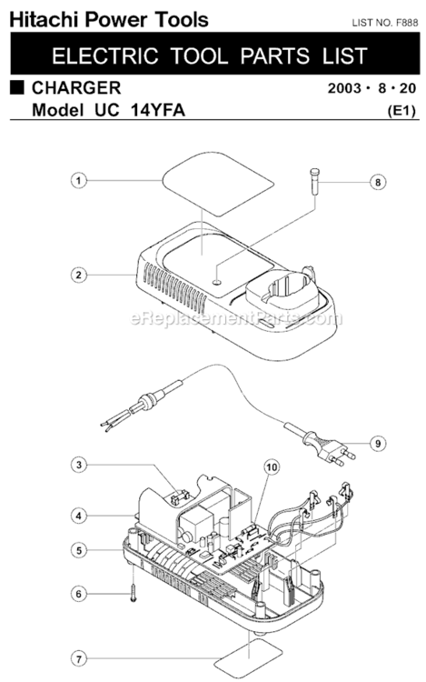 Page A Diagram and Parts List for UC14YFA  Hitachi Charger