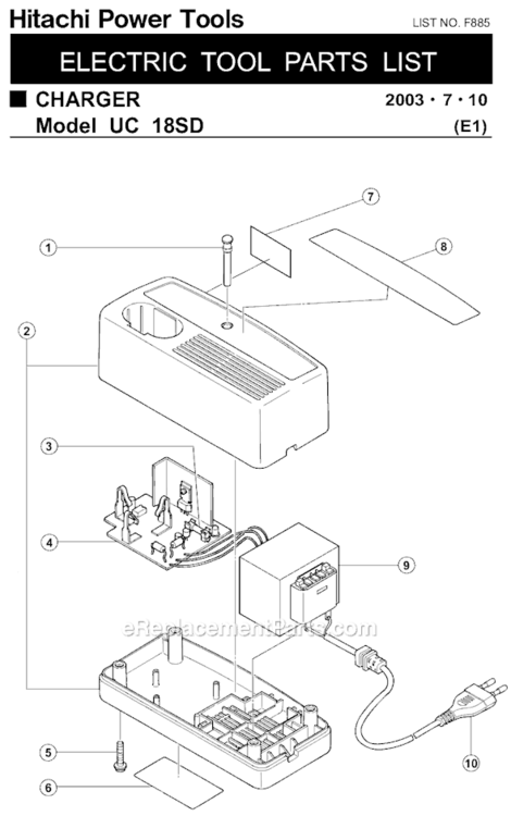 Page A Diagram and Parts List for UC18SD  Hitachi Charger