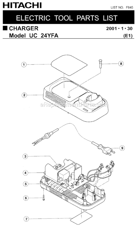 Page A Diagram and Parts List for UC24YFA  Hitachi Charger