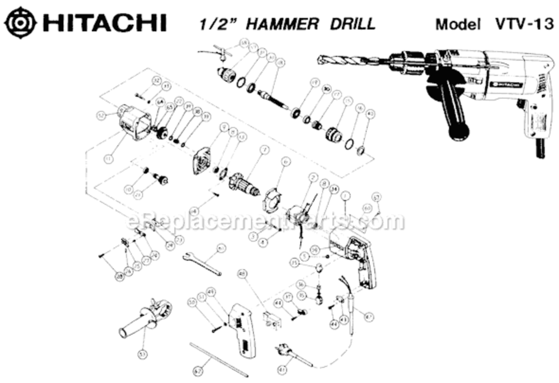 Page A Diagram and Parts List for VTV-13  Hitachi Hammer Drill