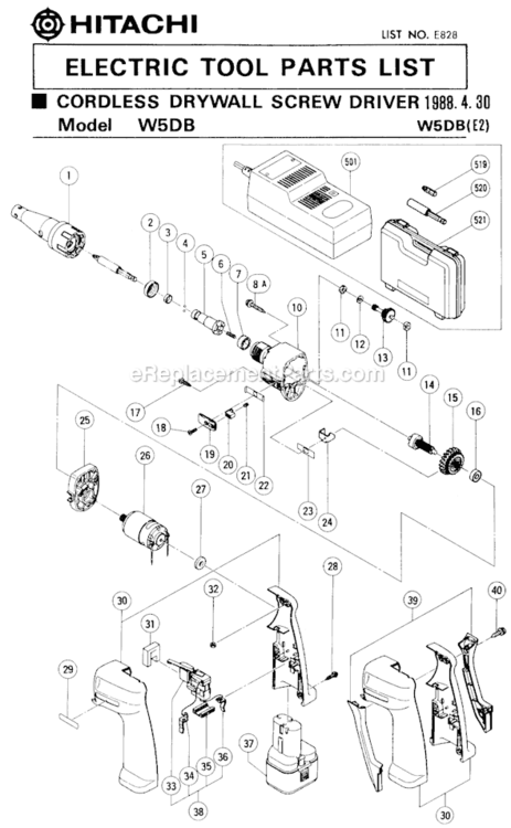 Page A Diagram and Parts List for W5DB  Hitachi Cordless Drill