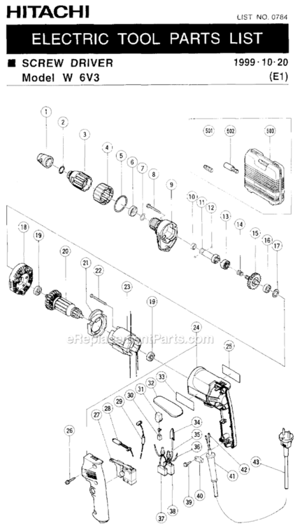 Page A Diagram and Parts List for W6V3  Hitachi Electric Drill