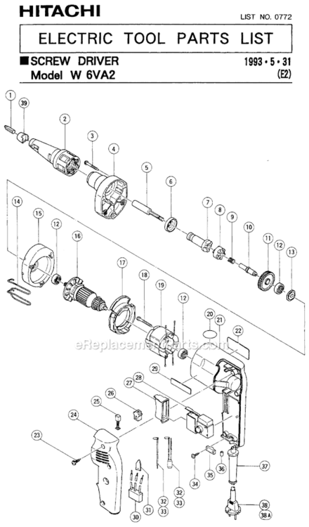 Page A Diagram and Parts List for W6VA2  Hitachi Electric Drill