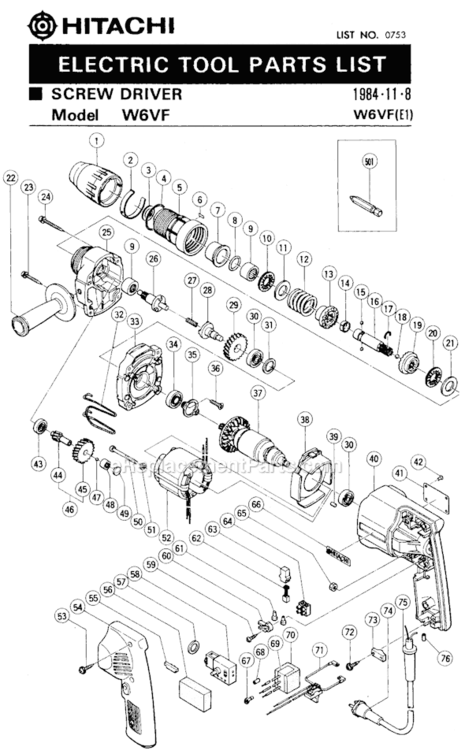 Page A Diagram and Parts List for W6VF  Hitachi Electric Drill