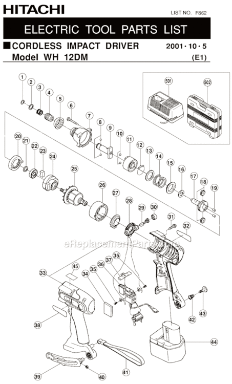Page A Diagram and Parts List for WH12DM  Hitachi Impact Driver