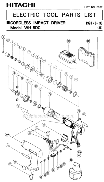 Page A Diagram and Parts List for WH8DC  Hitachi Impact Driver