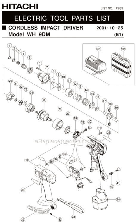 Page A Diagram and Parts List for WH9DM  Hitachi Impact Driver