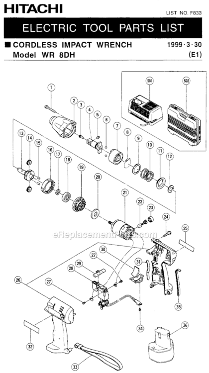 Page A Diagram and Parts List for WR8DH  Hitachi Impact Driver