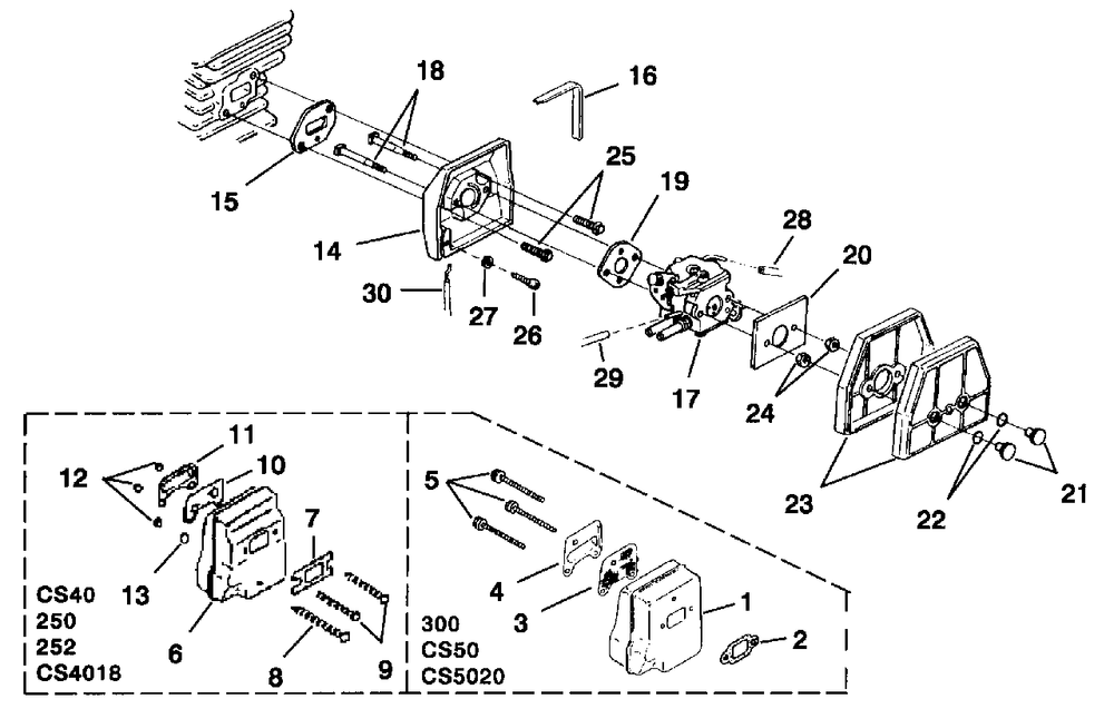 Carburetor - Muffler Diagram and Parts List for CS4018 UT-10736-R Homelite Chainsaw