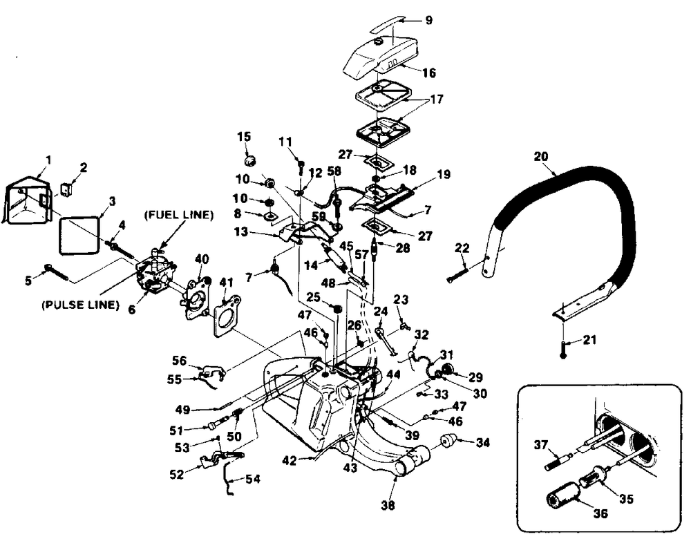 Handles, Air Filter And Carburetor Diagram and Parts List for 410SL UT-10587-B Homelite Chainsaw