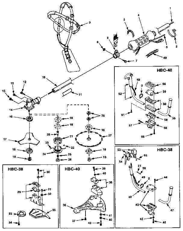 Shaft And Cutting Head Diagram and Parts List for HBC-38  Homelite Trimmer