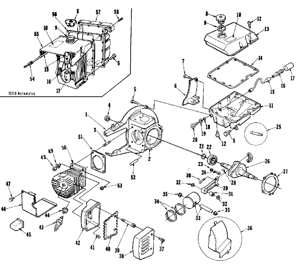 Engine Internals, Tanks And Muffler Diagram and Parts List for SUPER1050 UT-10502 Homelite Chainsaw