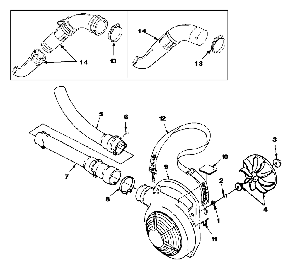 Volute, Fan And Tubes Diagram and Parts List for HB251YV UT-08078-R Homelite Leaf Blower / Vacuum