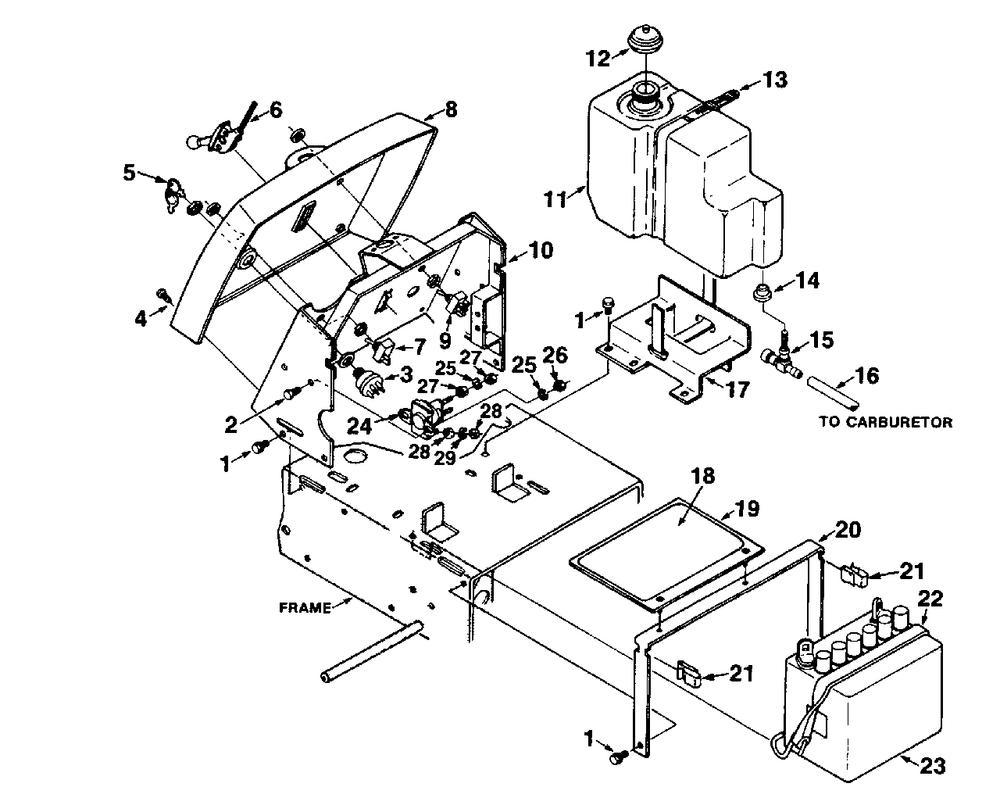 Control Panel, Battery And Gas Tank Diagram and Parts List for LTX11 UT-33005-A Homelite Lawn Tractor