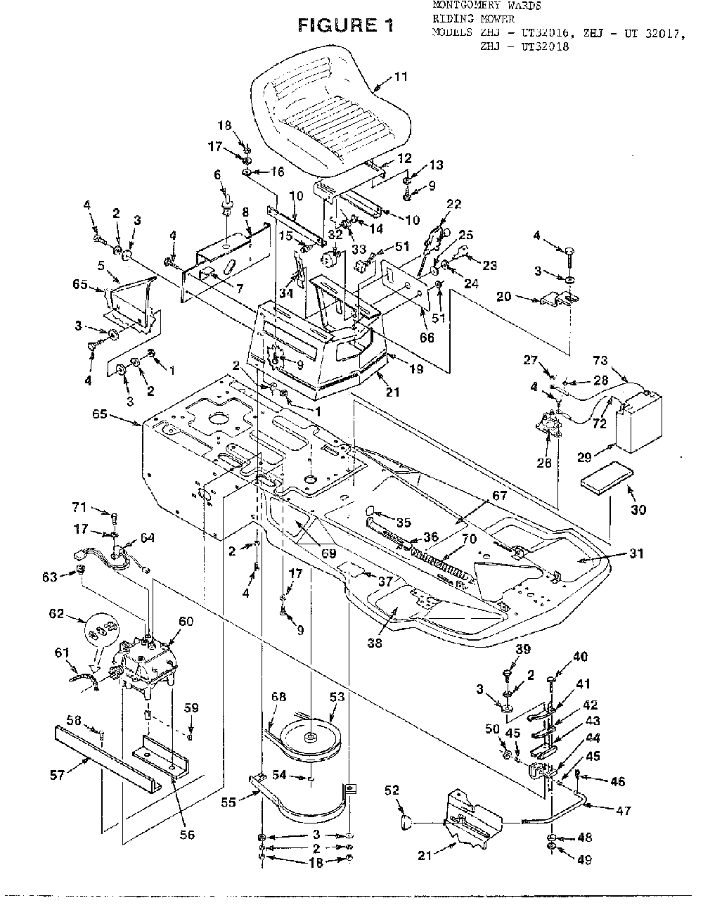 Riding-figure 1 Diagram and Parts List for 34551  Homelite Lawn Mower