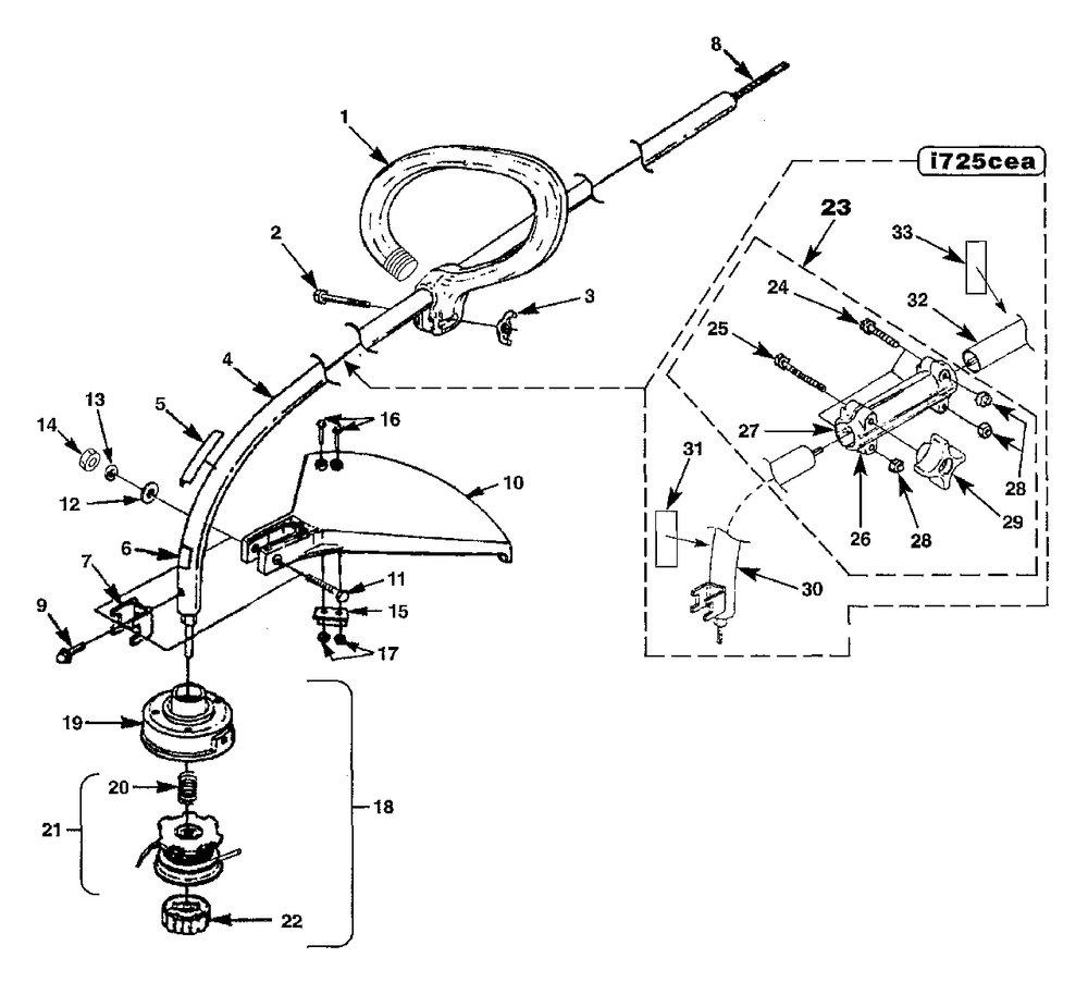 Head And Shafts Assembly Diagram and Parts List for I725CE UT-20626 Homelite Trimmer
