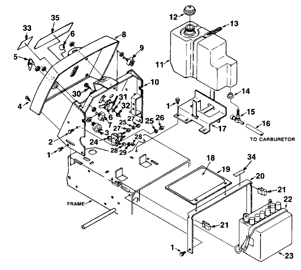 Control Panel, Battery And Gas Tank Diagram and Parts List for LTX12 UT-33005-D Homelite Lawn Tractor