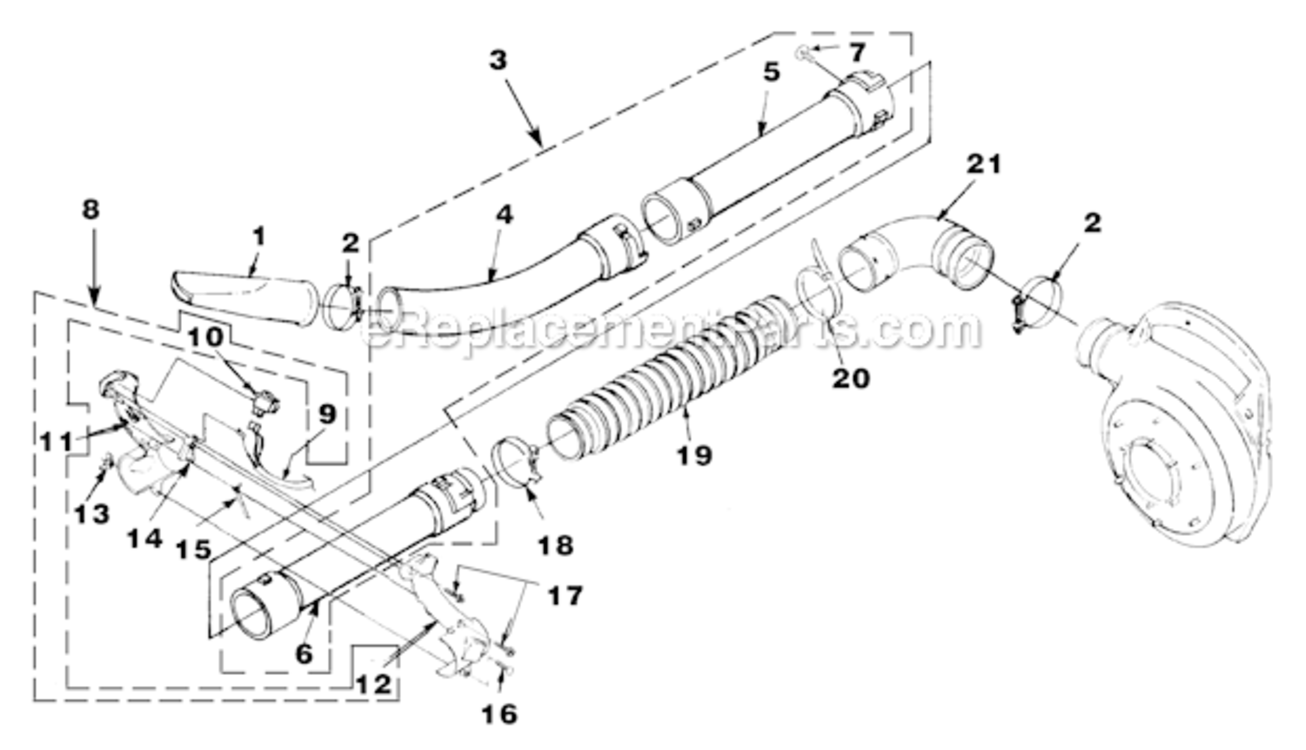 Tubes Diagram and Parts List for BP30185 Ut-08036-R Homelite Leaf Blower / Vacuum