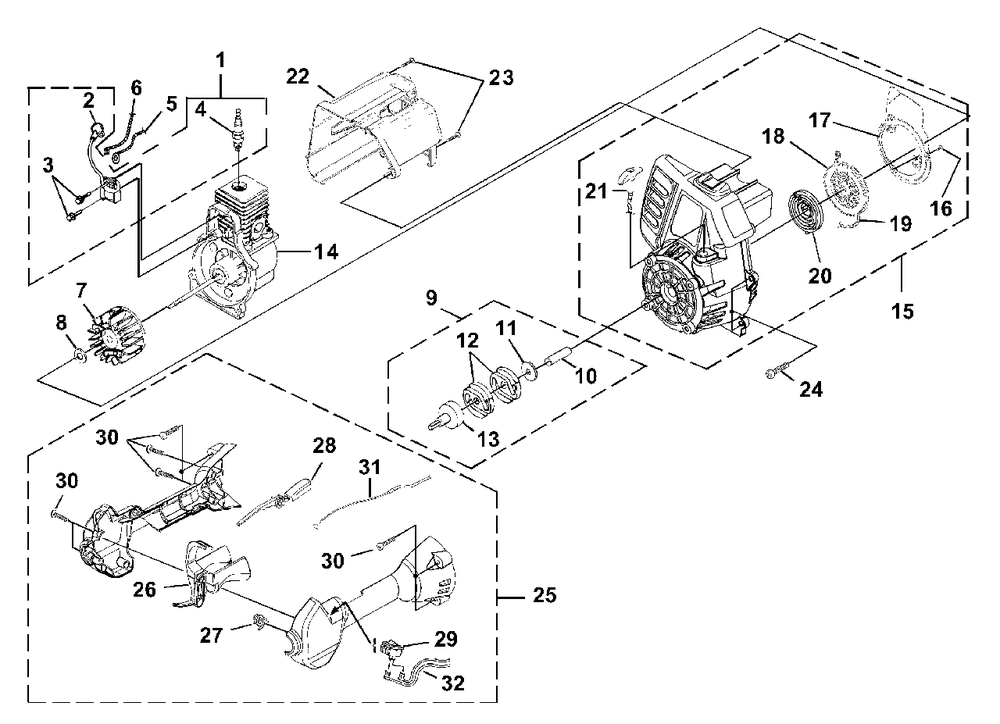 Ignition - Rotor - Starter - Clutch Diagram and Parts List for ST525 UT-15177 Homelite Trimmer