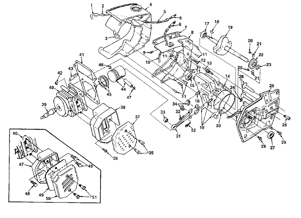 Engine Internals And Muffler Diagram and Parts List for SUPEREZAO UT-10537-A Homelite Chainsaw