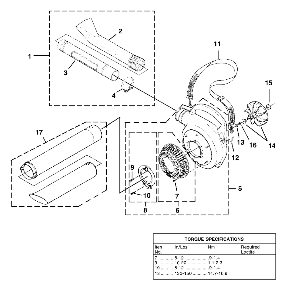 Volute, Fan And Tubes Diagram and Parts List for BBV25 UT-08103 Homelite Leaf Blower / Vacuum