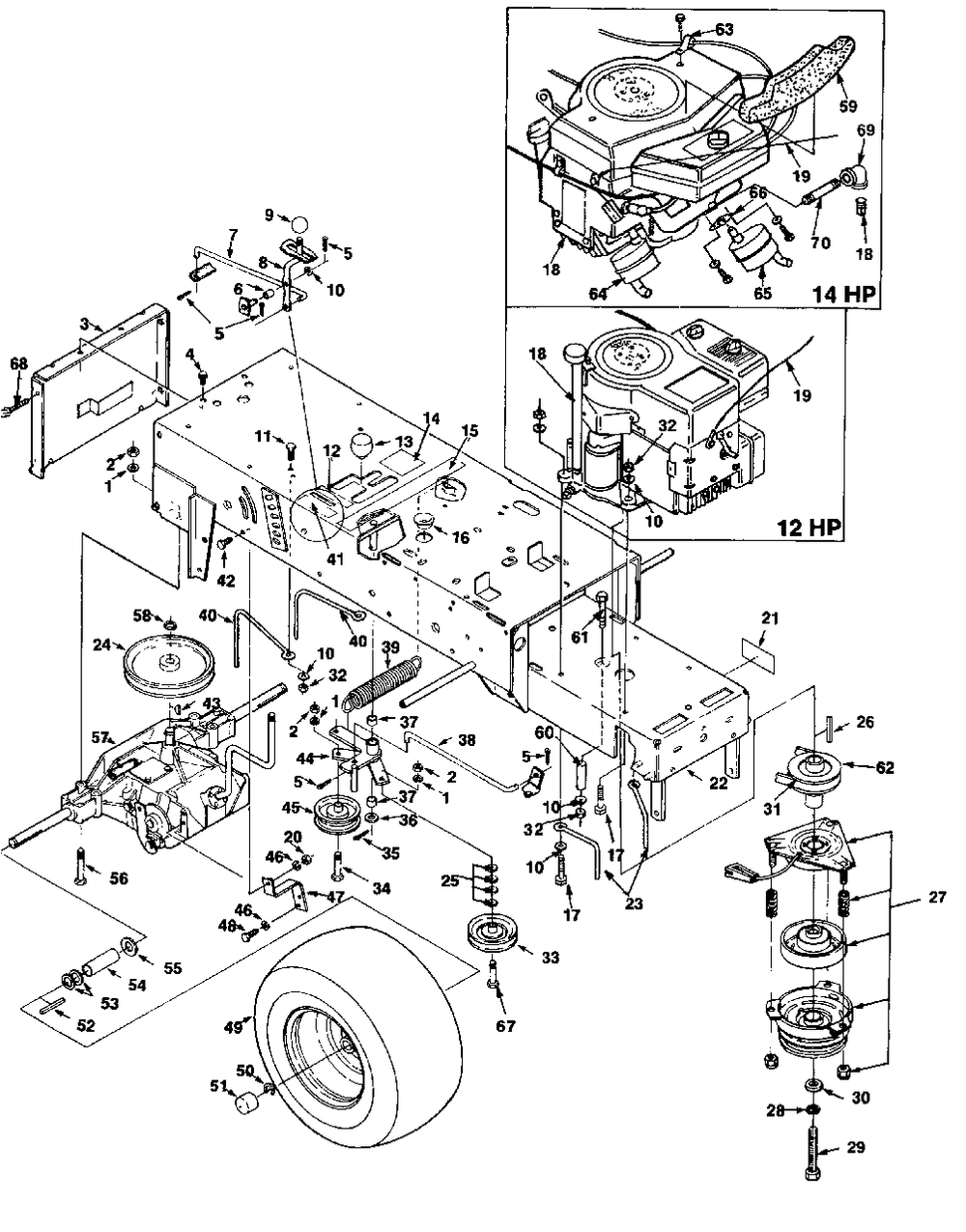 Frame Transaxle And Engine Diagram and Parts List for YT12 UT-33009 Homelite Lawn Tractor