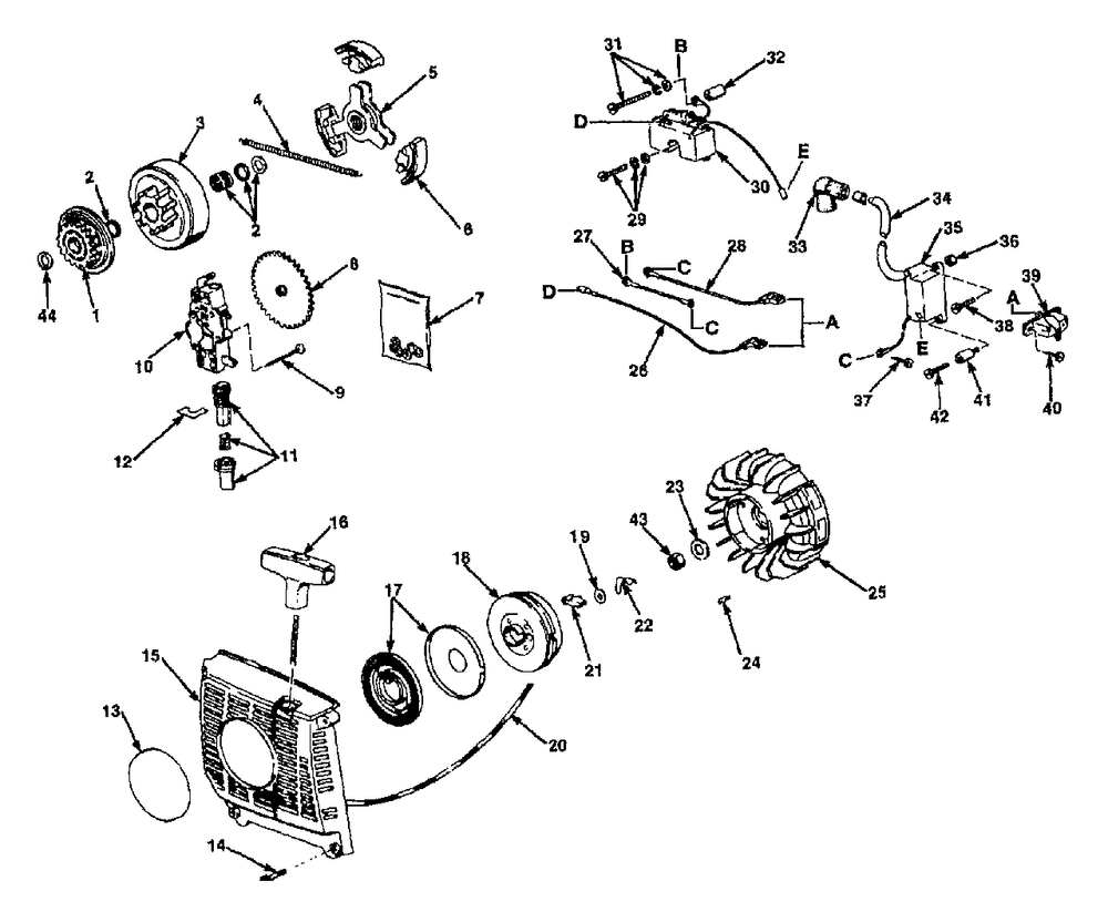 Starter, Ignition, Clutch And Oil Pump Diagram and Parts List for 290 UT-10661 Homelite Chainsaw