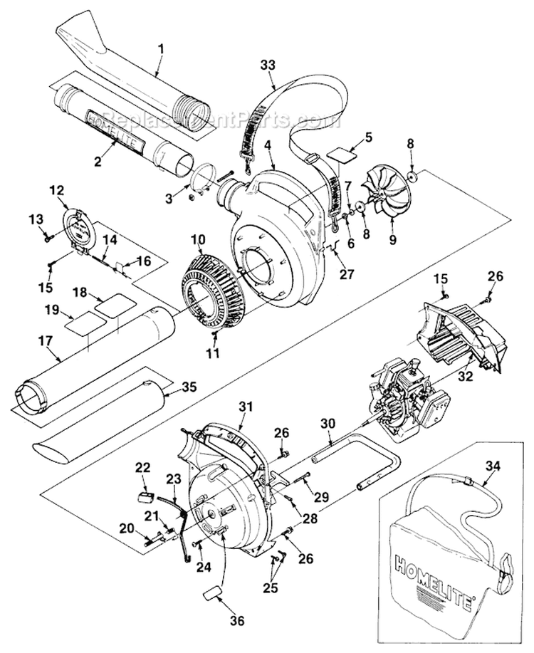 Blower Diagram and Parts List for HB180V UT-08010 Homelite Leaf Blower / Vacuum