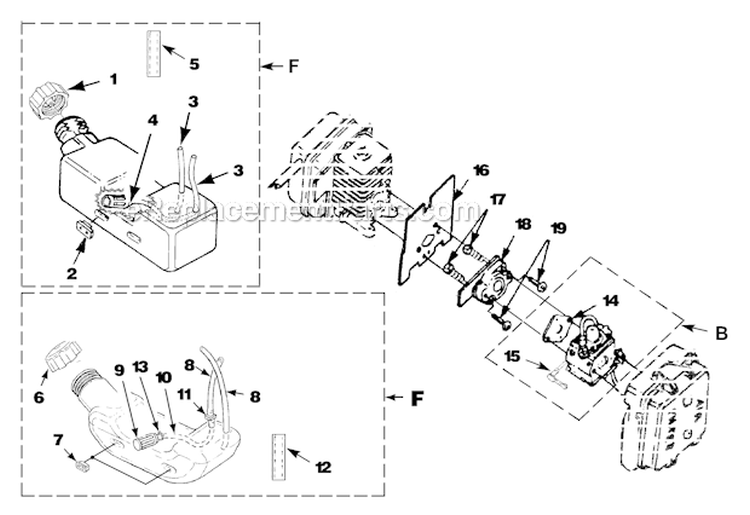 Carburetor And Fuel Tank Diagram and Parts List for HB180 UT-08009-B Homelite Leaf Blower / Vacuum
