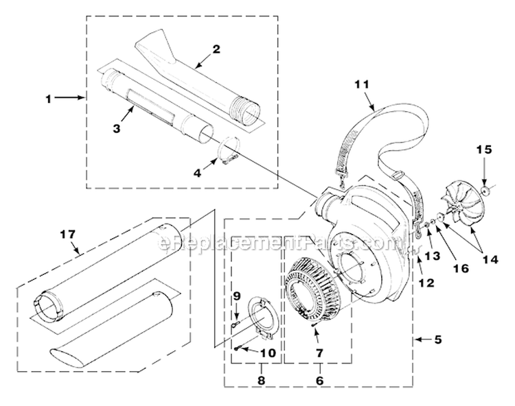 Volute, Fan & Tubes Diagram and Parts List for HB180 UT-08009-B Homelite Leaf Blower / Vacuum