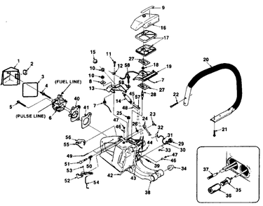 Handles, Air Filter And Carburetor Diagram and Parts List for 410SL UT-10587-B Homelite Chainsaw