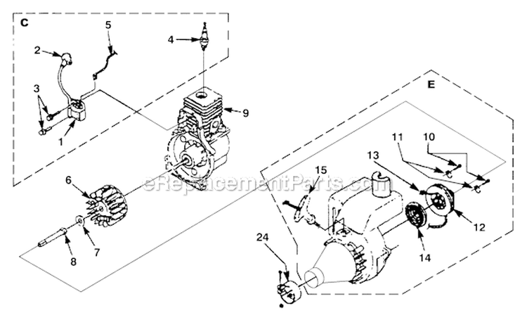 Page E Diagram and Parts List for ST385BC UT-15040-H Homelite Trimmer