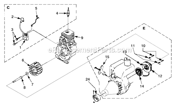 Page E Diagram and Parts List for ST385BC UT-15040-K Homelite Trimmer