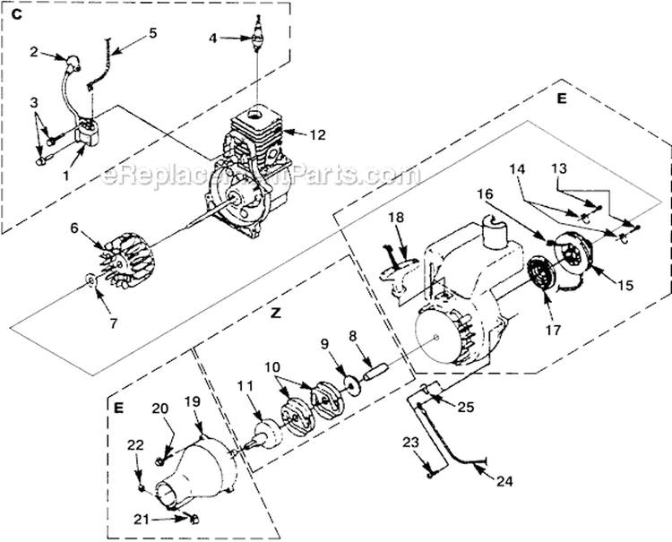 Ignition - Rotor - Starter - Clutch Diagram and Parts List for SX135 UT-20601-C Homelite Trimmer