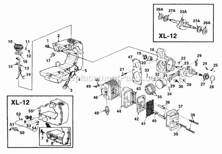 Engine Internals Diagram and Parts List for SXLAO UT-10045-A Homelite Chainsaw