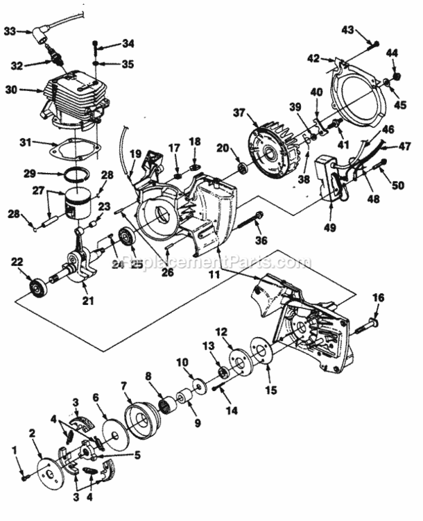 Engine_Internals Diagram and Parts List for UT-05044  Homelite Chainsaw