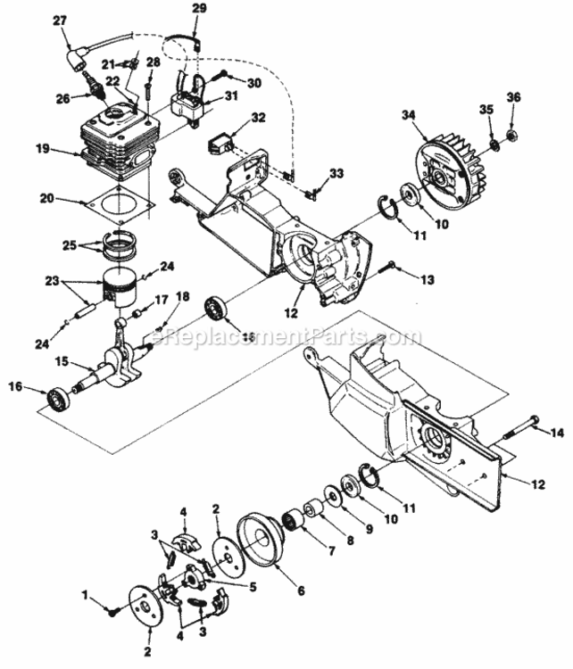 Ignition_Engine_Internals_And_Clutch Diagram and Parts List for UT-05055  Homelite Chainsaw