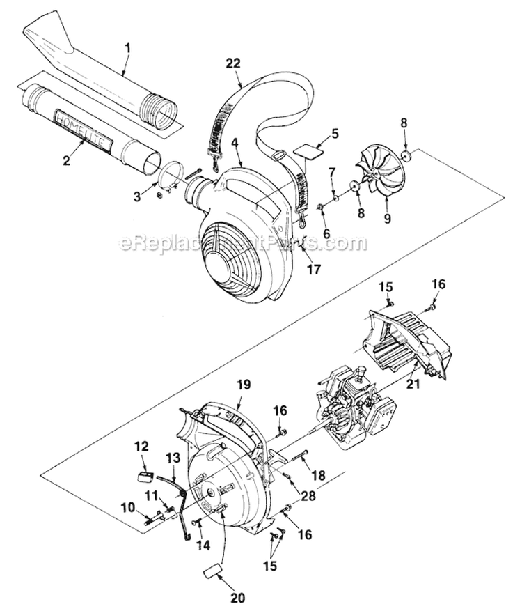 Blower Diagram and Parts List for UT-08011-A HB100 Homelite Leaf Blower / Vacuum