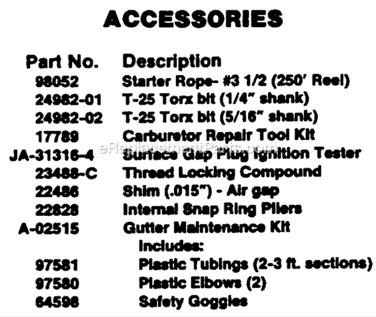 Accessories Diagram and Parts List for UT-08017-A  Homelite Leaf Blower / Vacuum
