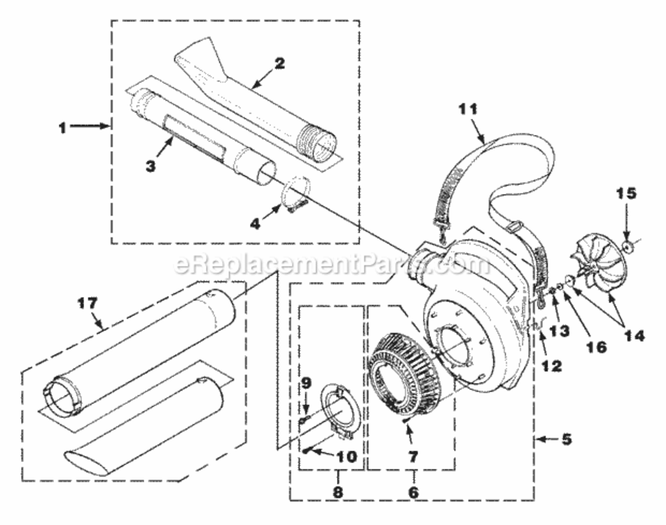 Volute_Fan_And_Tubes Diagram and Parts List for UT-08024-C HB390V Homelite Leaf Blower / Vacuum