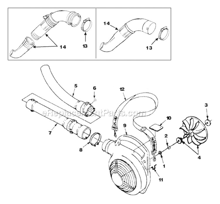 Volute Fan And Tubes Diagram and Parts List for UT-08026-D  Homelite Leaf Blower / Vacuum