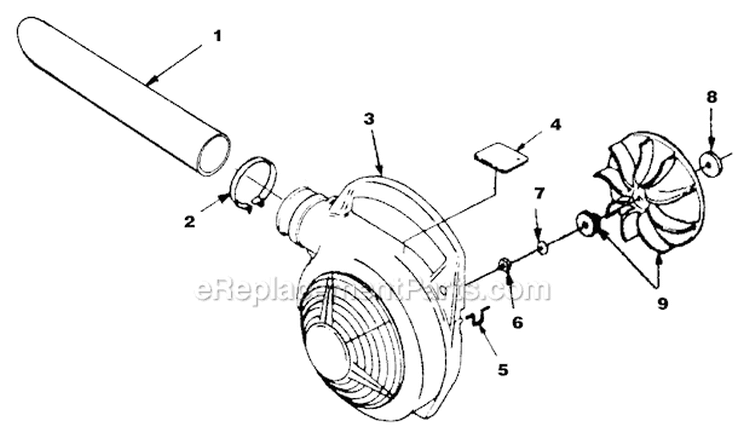 Volute Fan And Tubes Diagram and Parts List for UT-08026-E  Homelite Leaf Blower / Vacuum