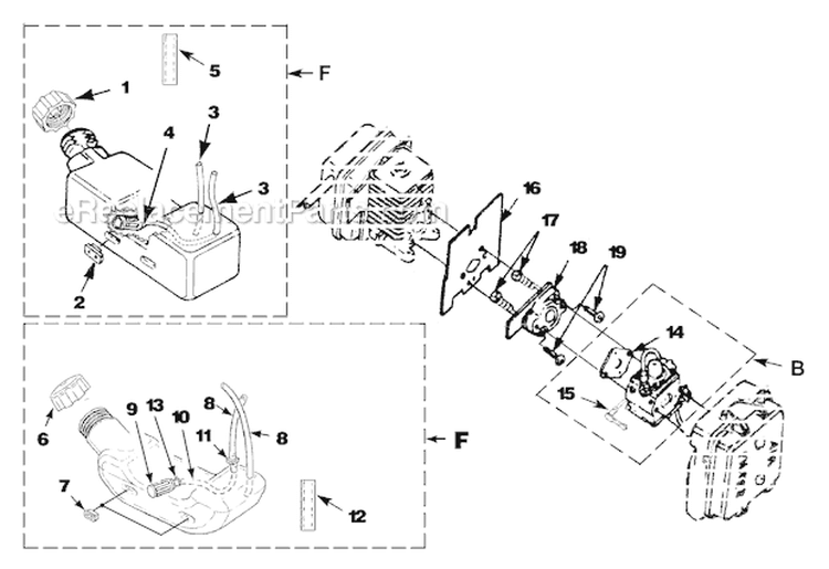 Carburetor And Fuel Tank Diagram and Parts List for UT-08026-F  Homelite Leaf Blower / Vacuum