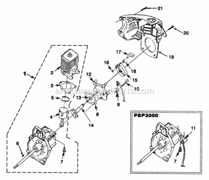 Engine_Internal Diagram and Parts List for UT-08033 PBP3000 Homelite Leaf Blower / Vacuum