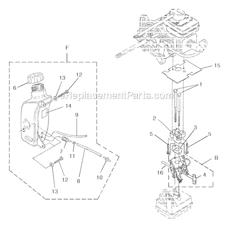 Carburetor-Fuel Tank Diagram and Parts List for UT-08057-A  Homelite Leaf Blower / Vacuum