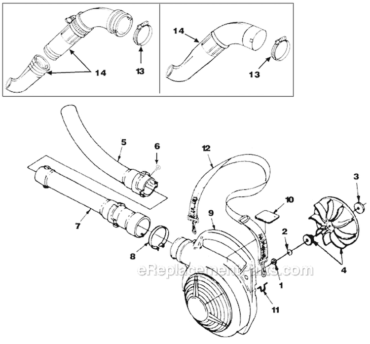 Volute, Fan And Tubes Diagram and Parts List for UT-08074-B Yardvark Homelite Leaf Blower / Vacuum